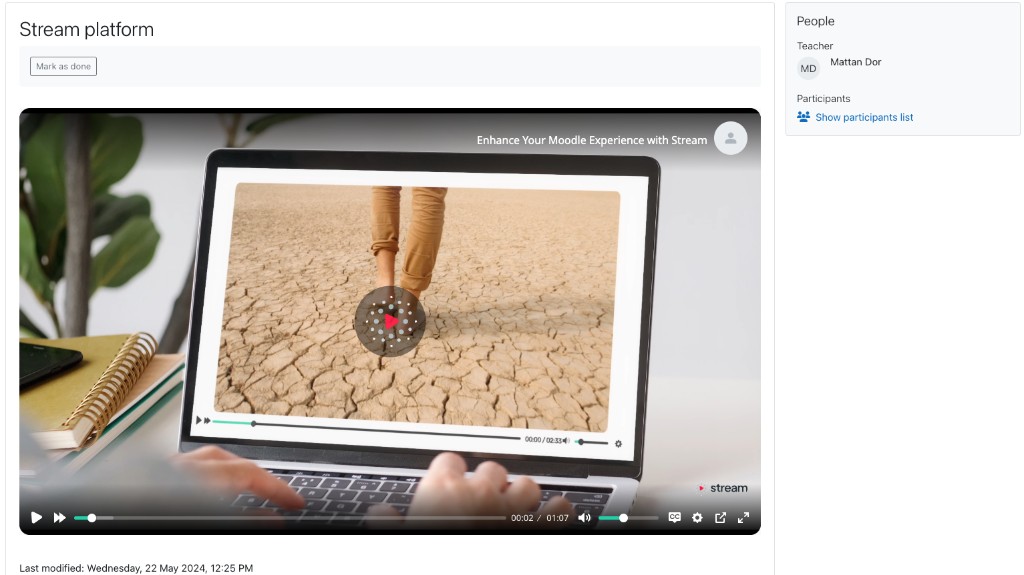 Stream video embedded inside a Moodle activity