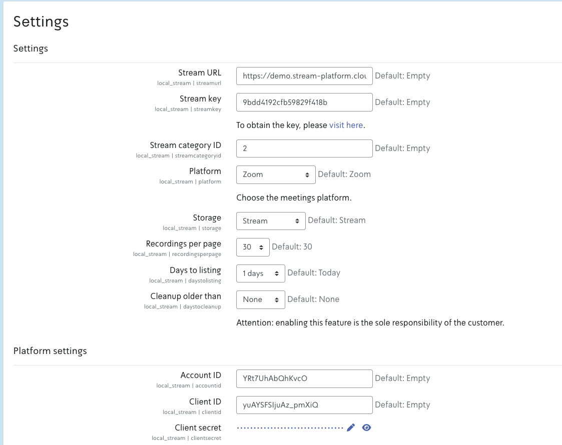 STREAM plugin Settings page in Moodle – Stream URL, Stream key, Platform and Platform settings